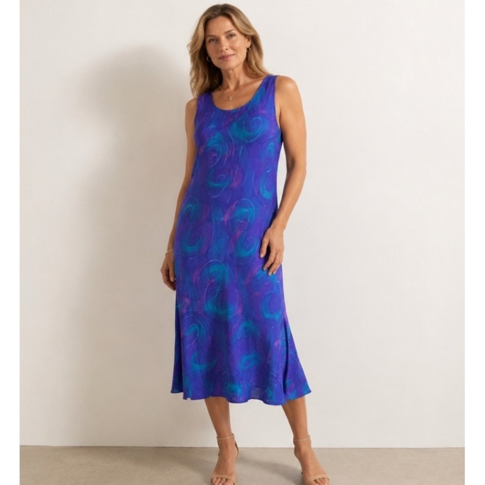 Simply Silk Vintage 100% Silk Abstract Swirl Midi Tank Dress Purple Blue Large